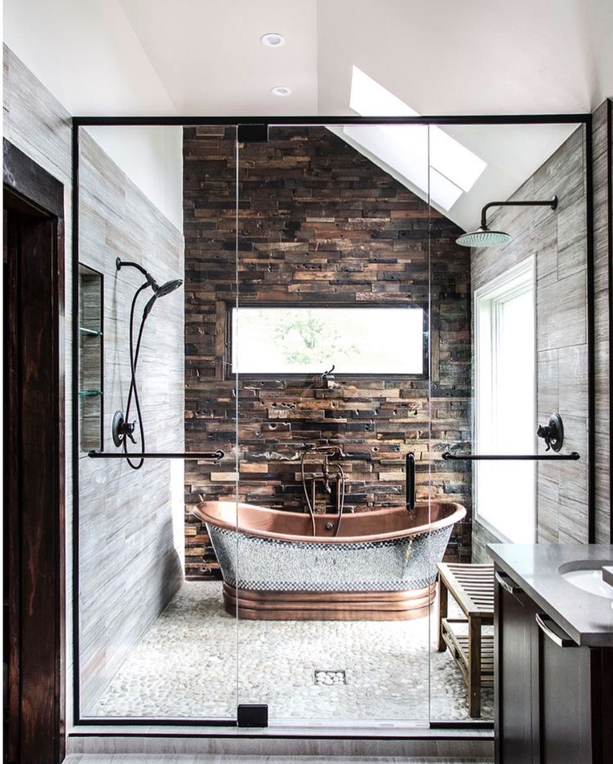 21. the Intersecting Copper Pipes and Geometric Tile Splash In a Compact Oasis