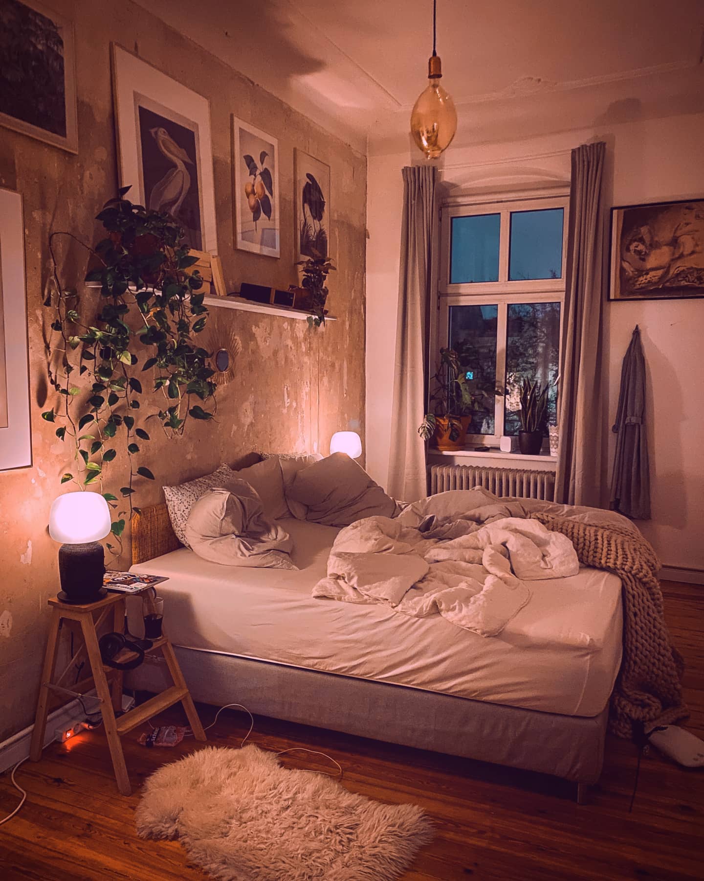3. Moonlit Lavender Dreamscape: a Bedside Nook with Hanging Plants and Soft Purple Glow