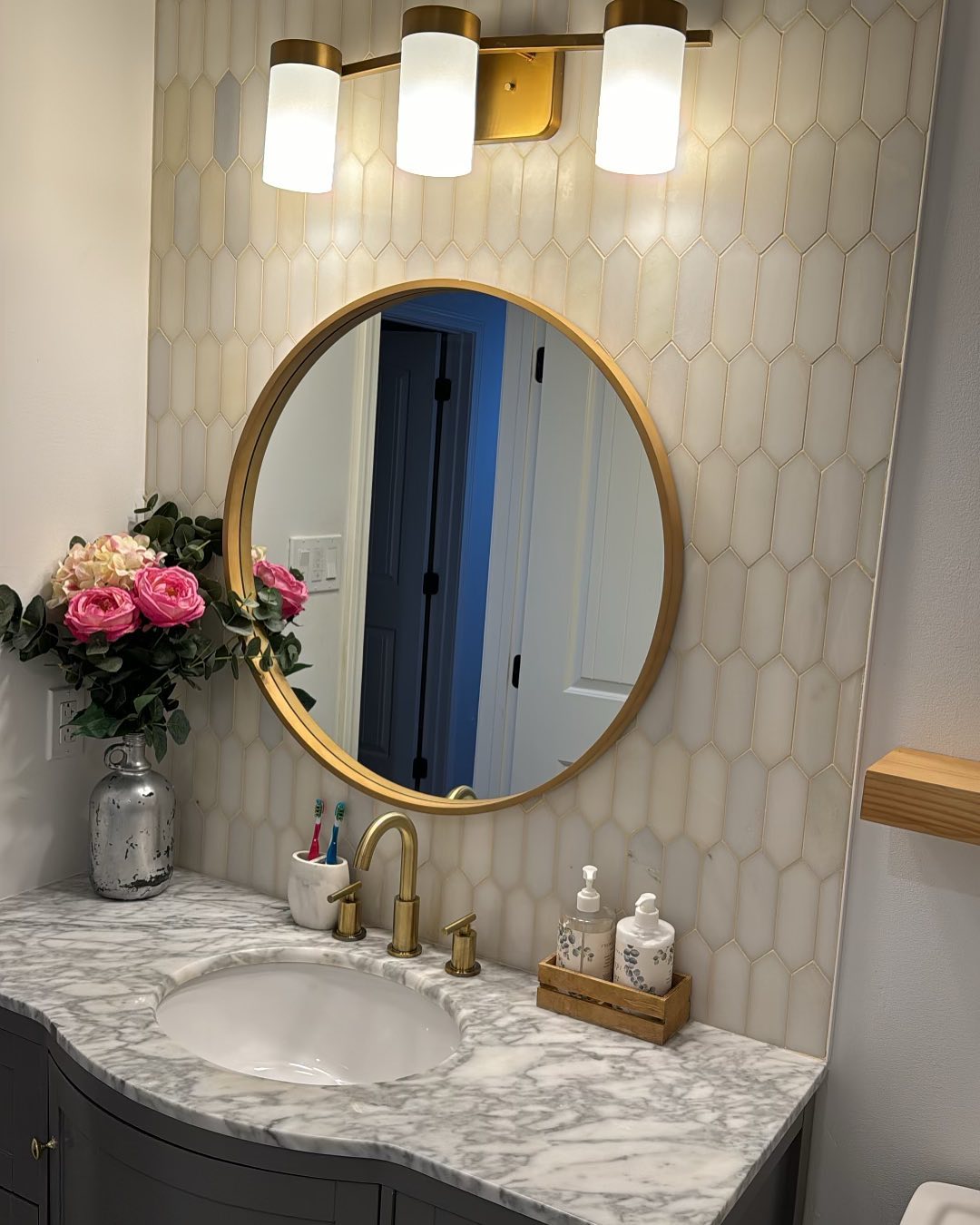 3. Moroccan Mosaic Medley with Gold Accents and Double Vessel Sinks