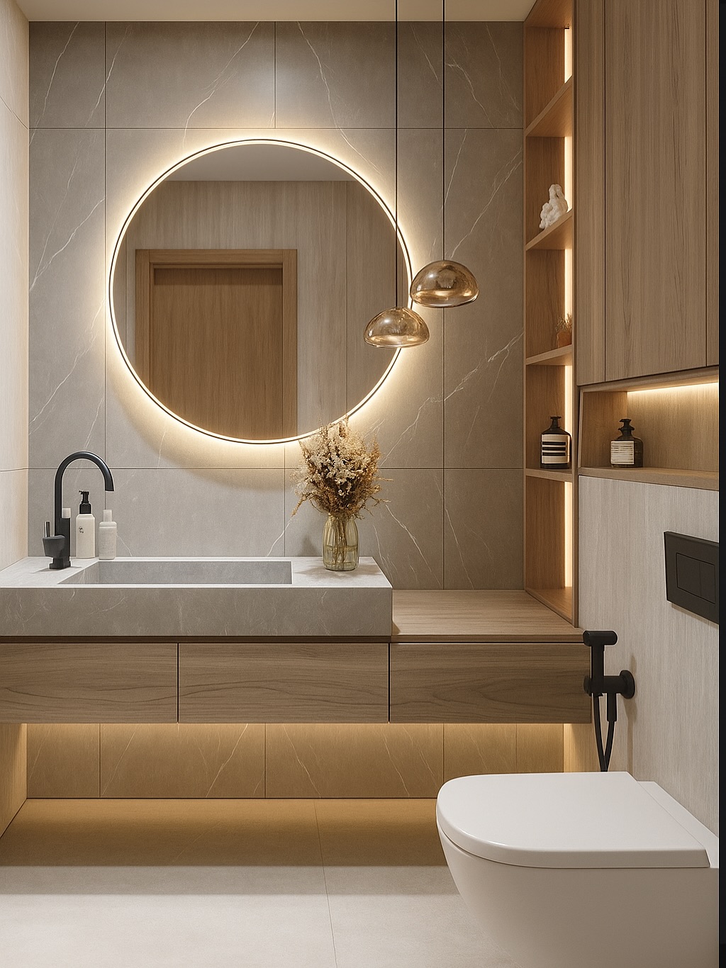 4. Geometric Elegance: Hexagonal Tiles and Floating Vanity In Monochrome
