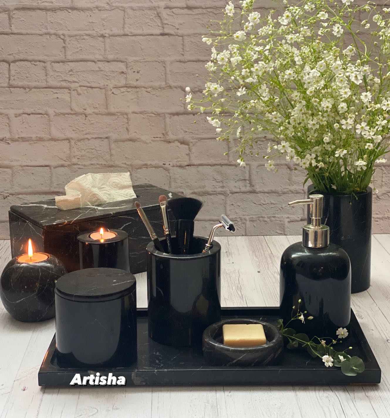 18. Moonlit Eucalyptus and Marble Symphony: a Countertop Oasis