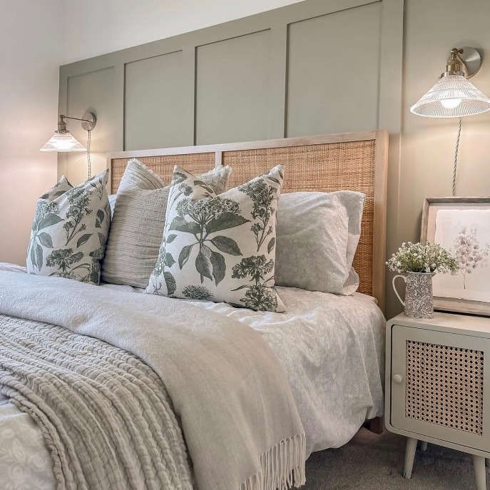 25. Soft Whisper Of Lavender and Wood: a Bedroom Wall with Vintage Charm