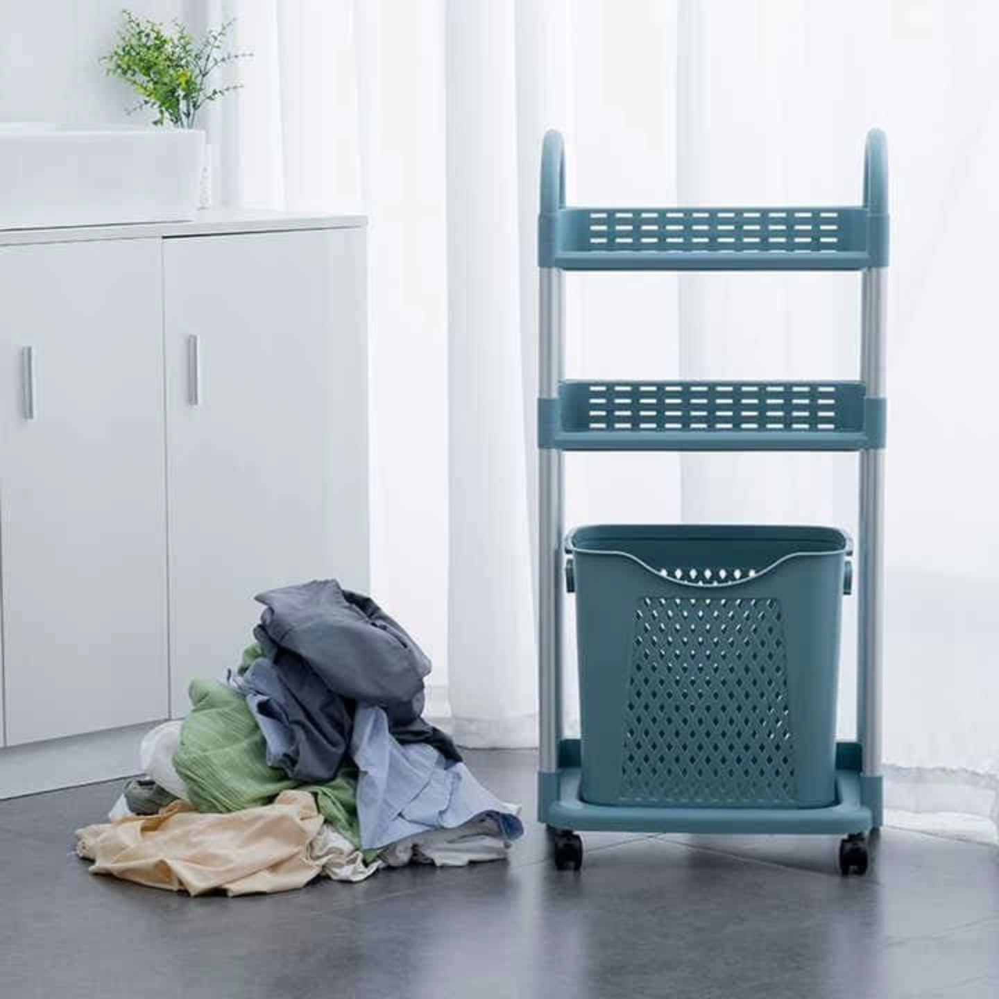 13. Sleek Black Geometric Basket with Shadowed Corners In a Minimalist Bathroom Setting