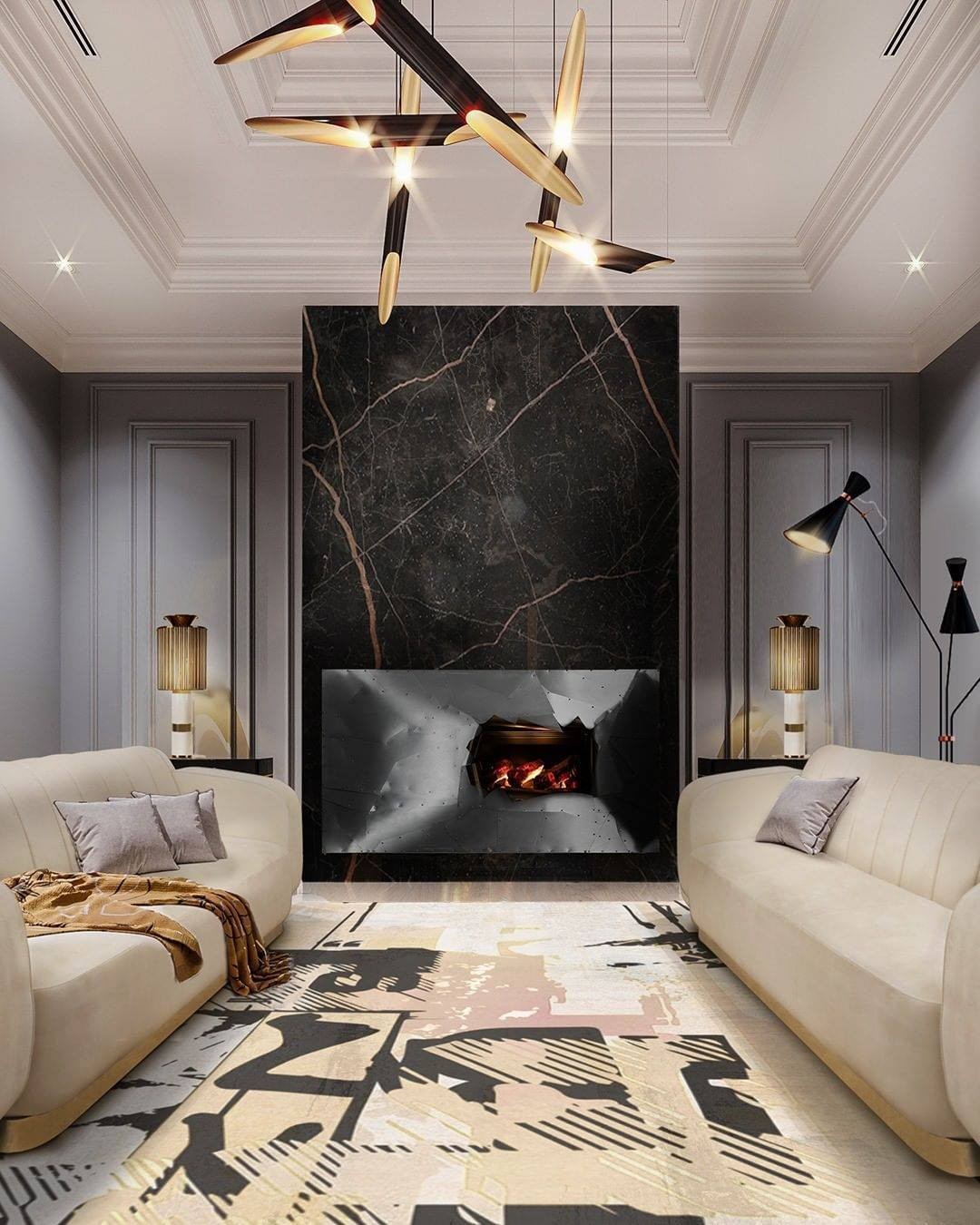 22. High Ceiling Drama with a Monochrome Piano and Suspended Orb Lights