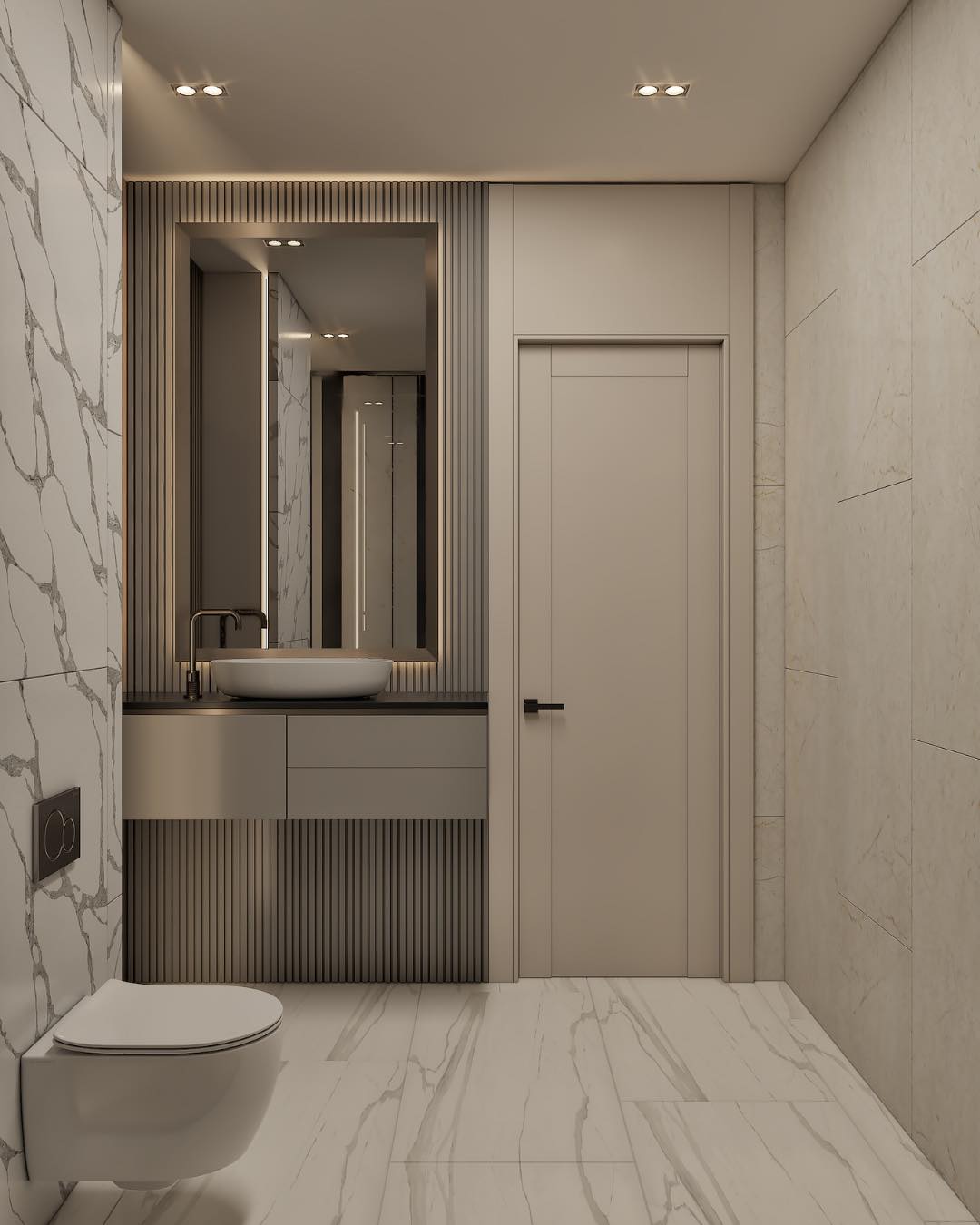16. the Marble Mosaic and Floating Shelves Fusion In a Monochromatic Haven