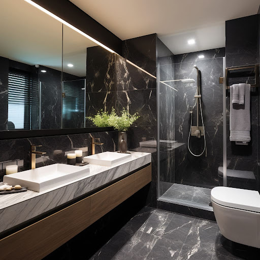 9. Cascading Ferns and Marble Mosaic: a Serene Bathroom Retreat