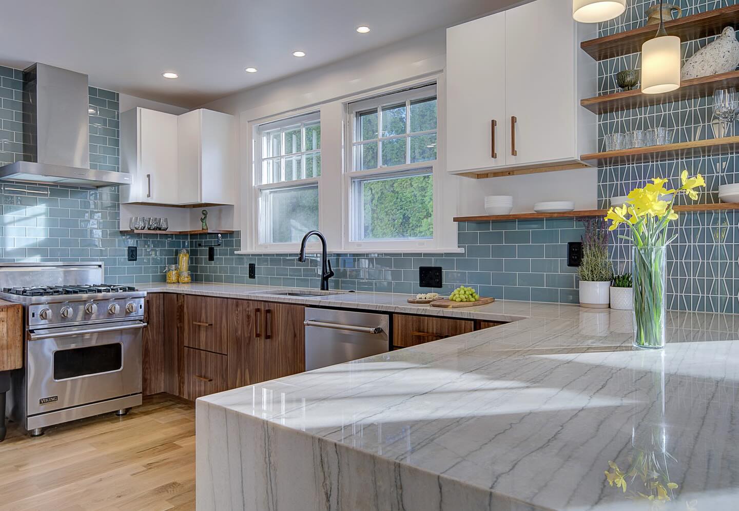 35. Mid Century Maple and Mint Green Fusion with Geometric Tile Accent