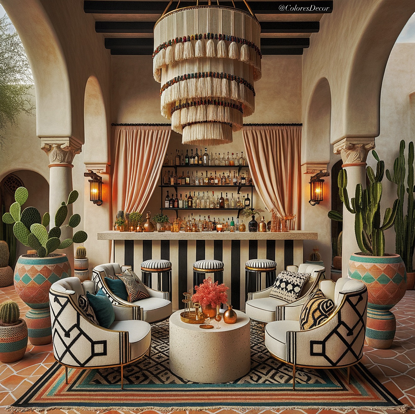 10. Vibrant Cactus Garden Wall Accent with Geometric Shelves and Textured Tiles