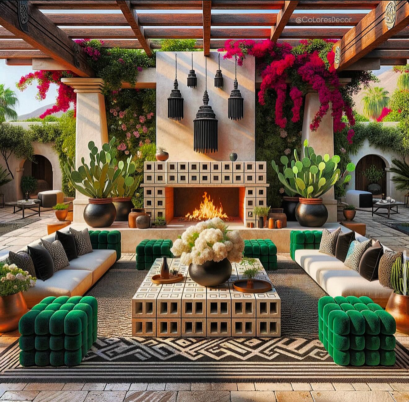 26. Vibrant Cactus Silhouette Against Geometric Wall Art In Cozy Mexican Living Space
