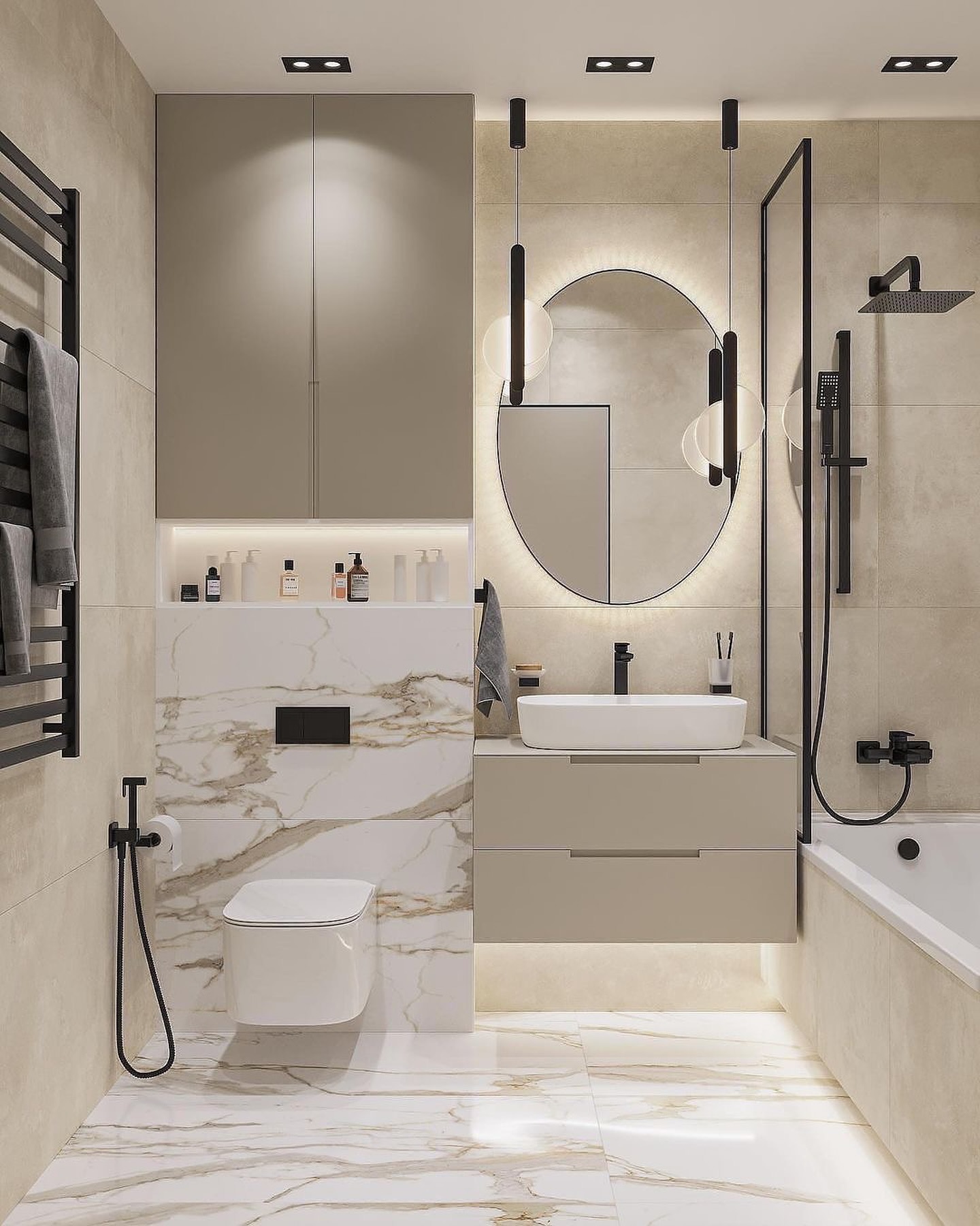 3. Frosted Glass Partition with Geometric Wall Tiles and Brass Accents