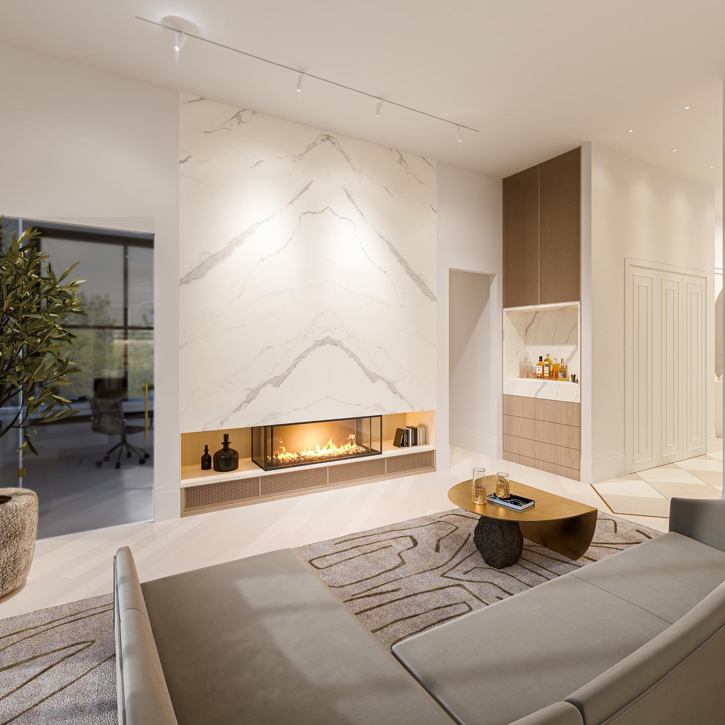12. High Ceiling Haven with Geometric Skylight and Monochromatic Elegance