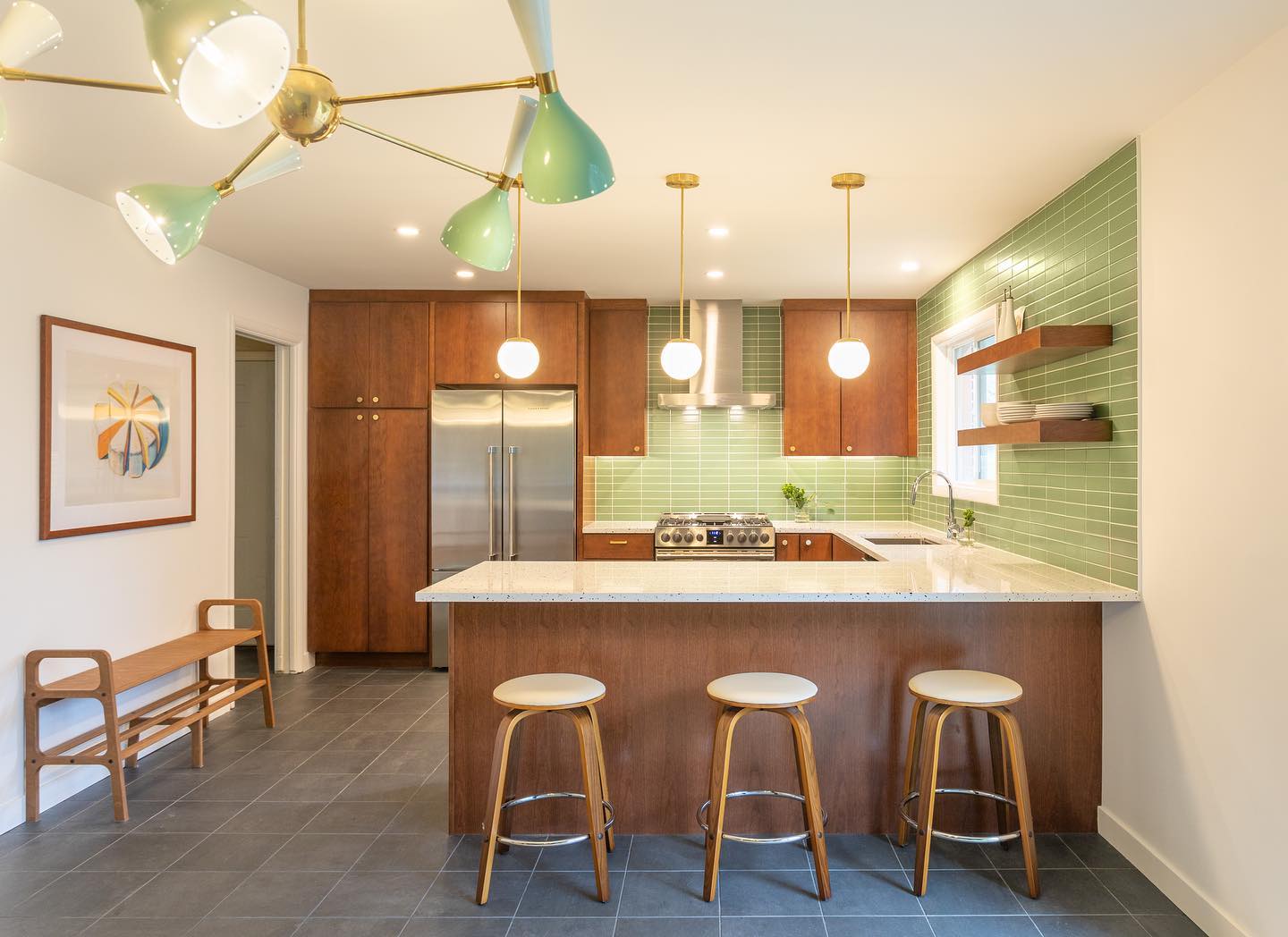 1. Mid Century Sunset Orange Glow with Geometric Teak Accents