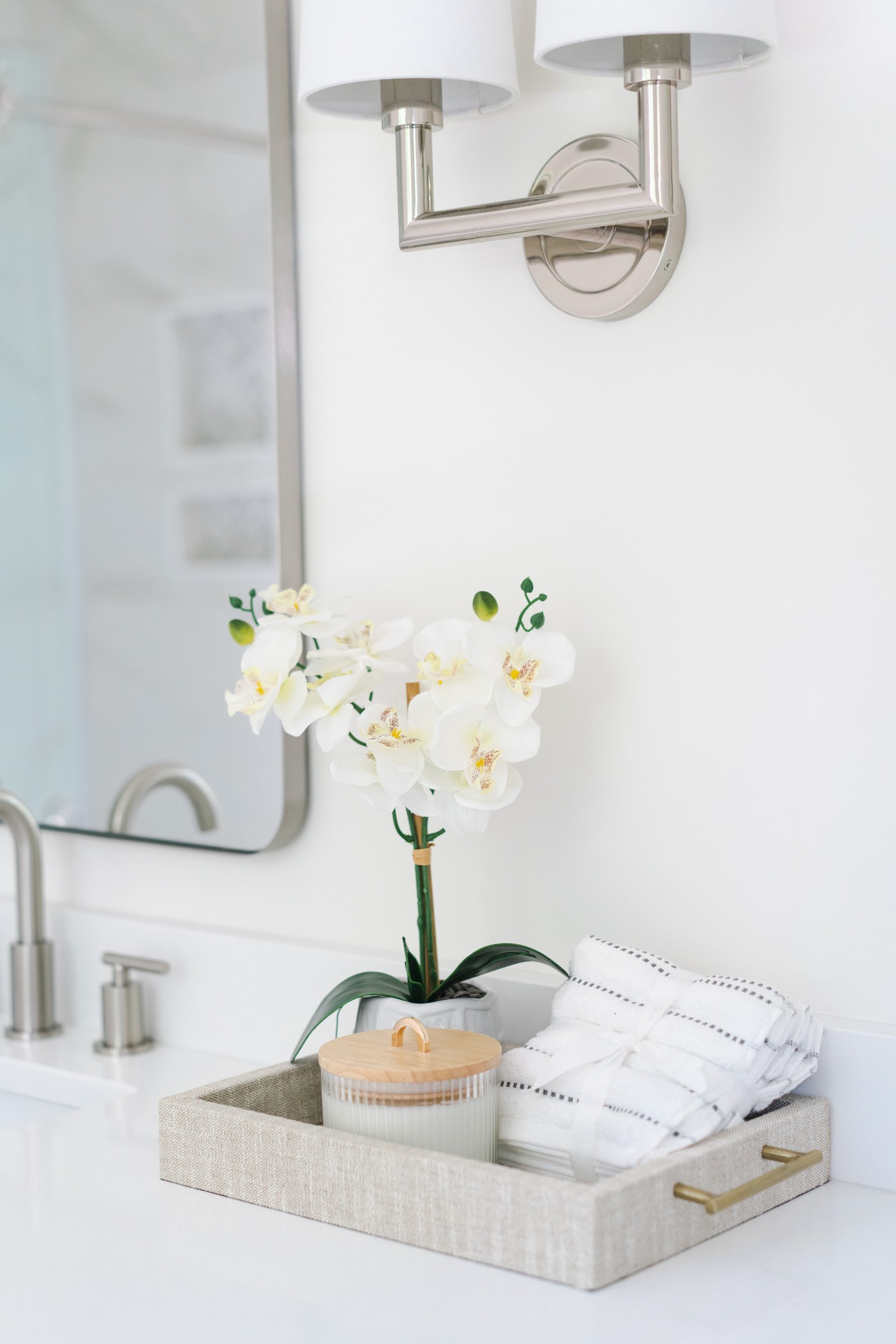13. Moonlit Marble and Copper Glow: a Bathroom Counter with a Celestial Touch