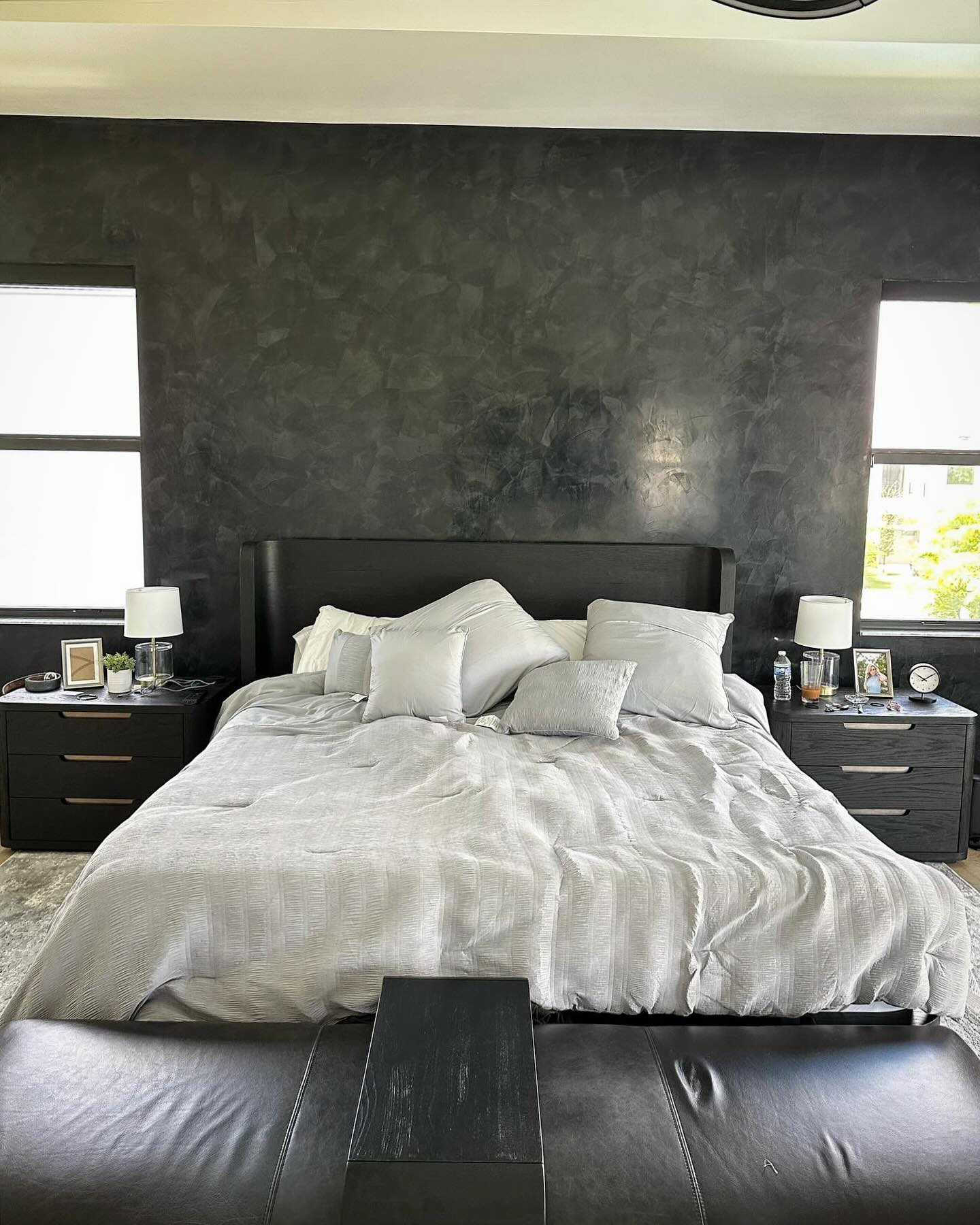 10. Geometric Symphony Of Teal and White: a Bedroom Accent Wall with Hexagonal Flair