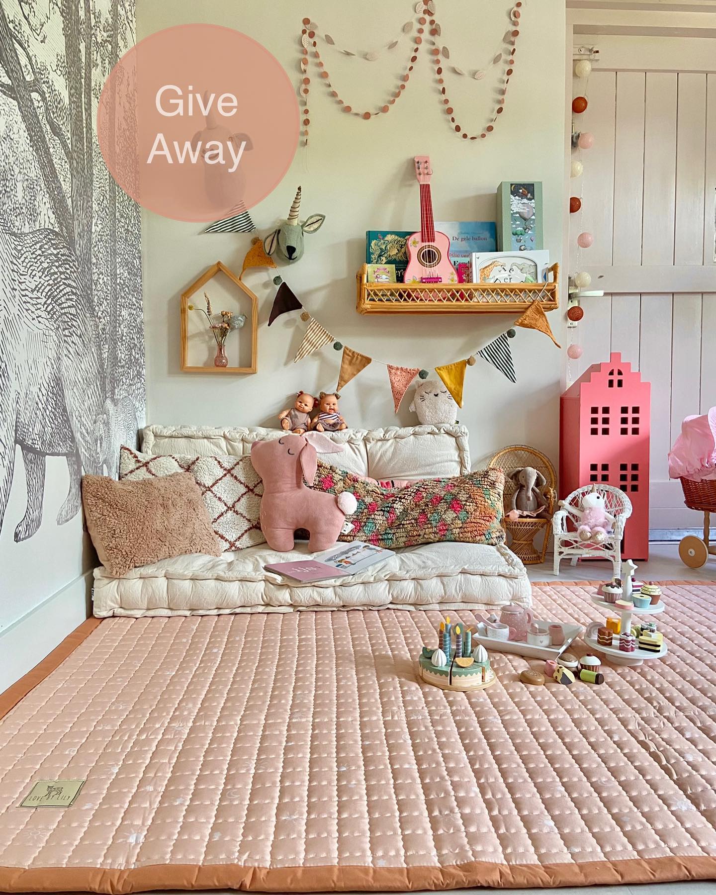 11. Vibrant Rainbow Slide and Teal Storage Bins Amidst Cozy Neutral Tones