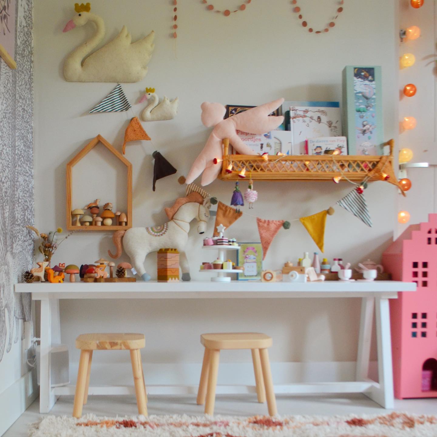 10. Whimsical Treehouse Nook with Rainbow Slide In Cozy Living Room Corner