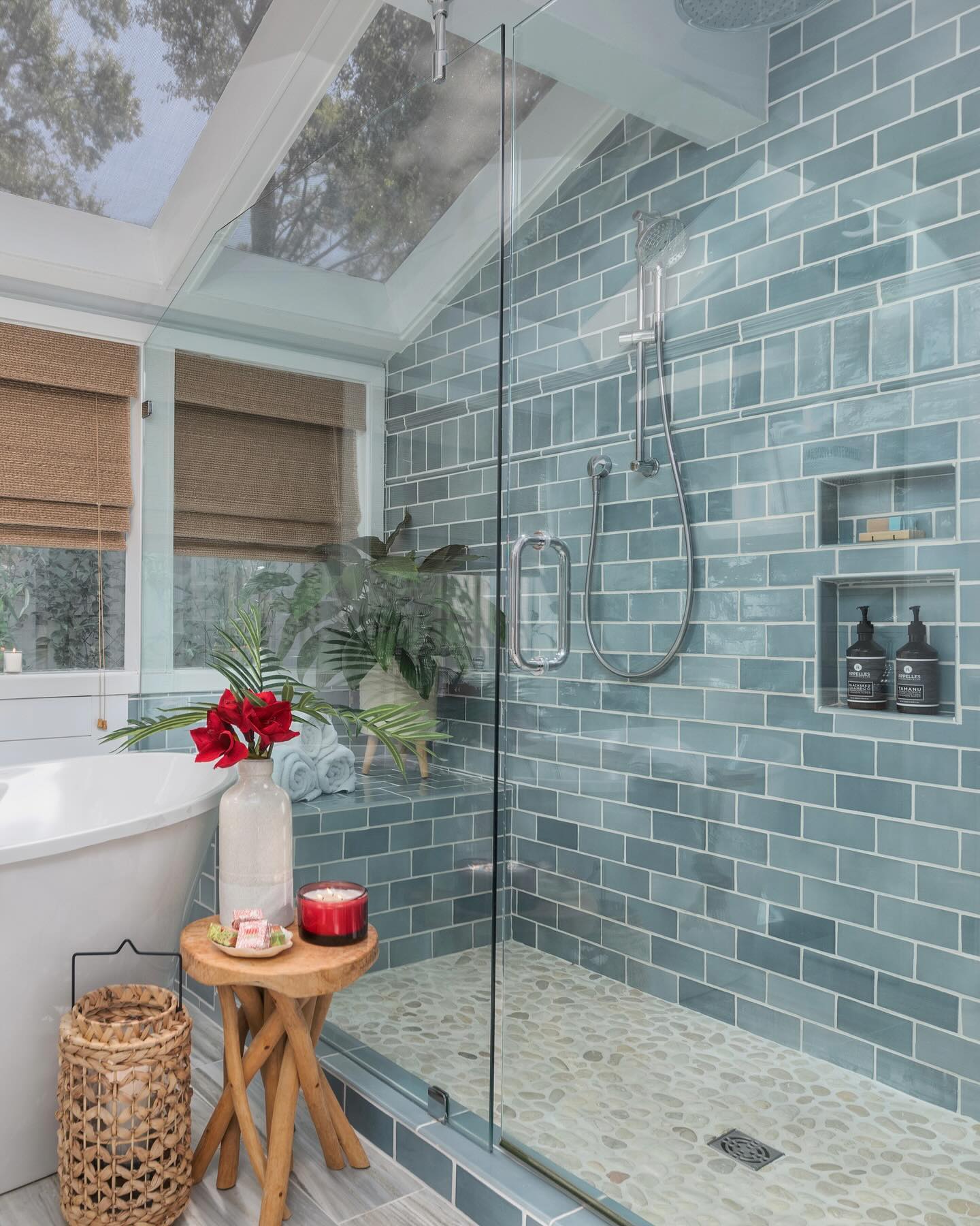 10. Moonlit Mosaic Walk-in Shower with Dual Rainfall Heads