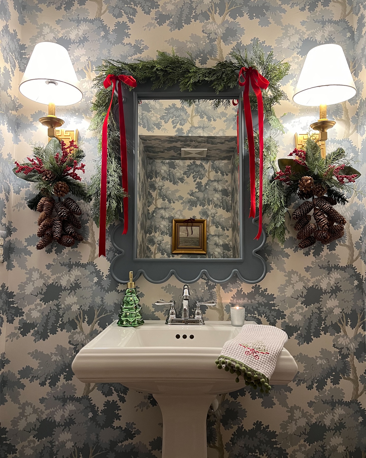 14. Velvet Crimson Vanity with Gold Accents and Art Deco Mirror