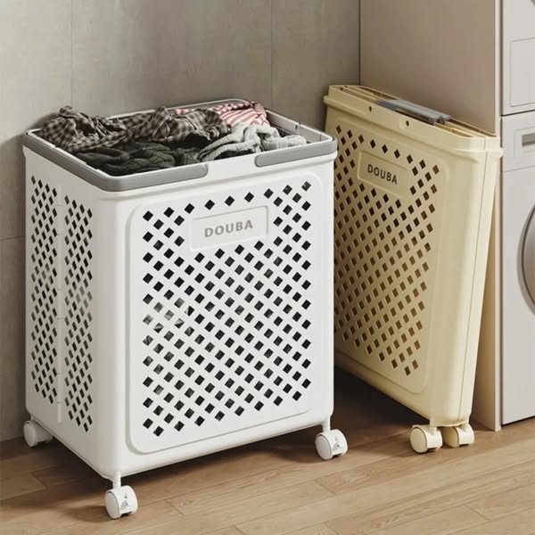 9. Cobalt Blue Basket with Geometric White Tiles and Folded Towel Display