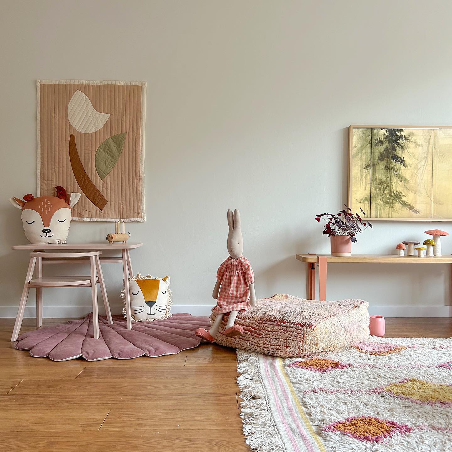 14. Vibrant Rainbow Archway Over Cozy Kids' Nook with Retro Green Sofa