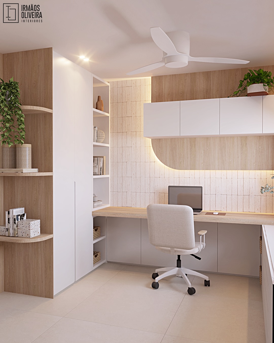4. a Floating Desk Amidst Botanical Serenity with Geometric Wall Art