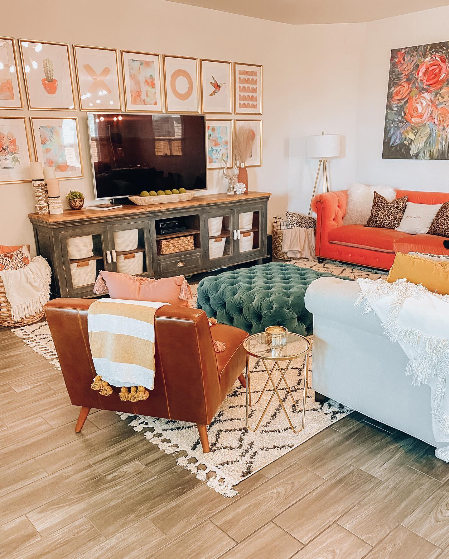 24. a Trio Of Boho Macramé Baskets Hanging Asynchronously Above a Sleek Black Tv