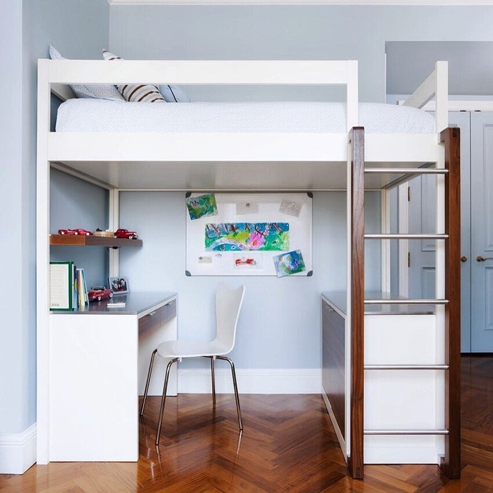 9. a Canopy Of Dreams: Loft Bed with Hanging Fabric and Geometric Shelves