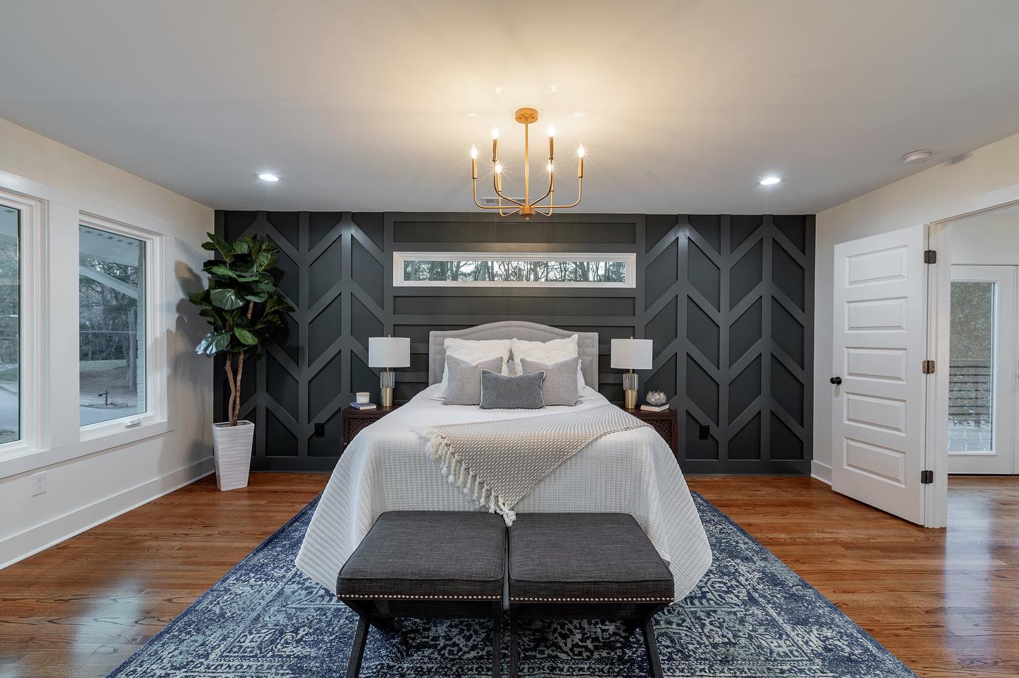 5. Cobalt Waves and Geometric Harmony on a Bedroom Accent Wall