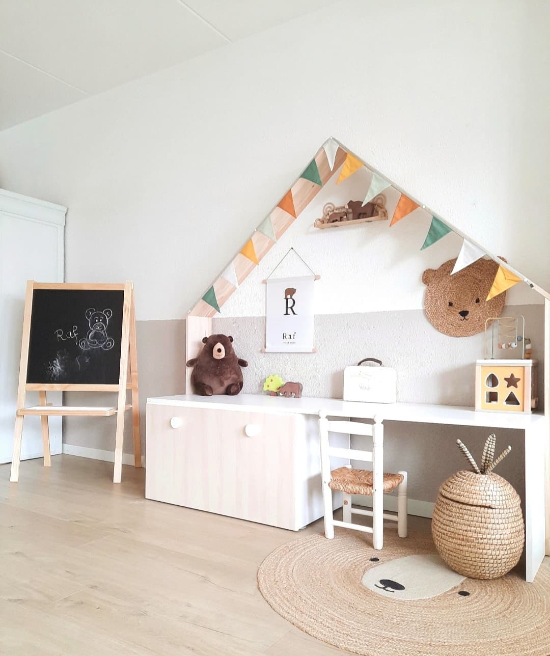 15. Whimsical Treehouse Nook with Geometric Wall Art and Rainbow Cushions