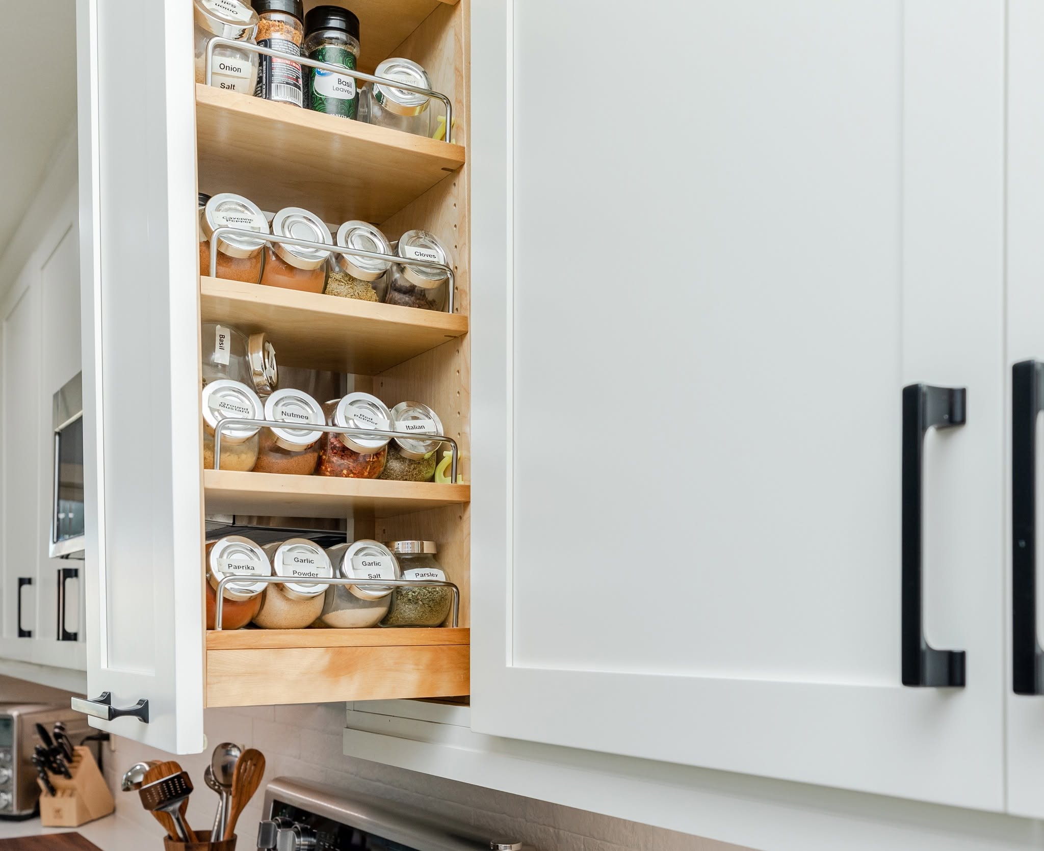 17. Under-cabinet Magnetic Spice Rack with Wooden Shelves and White Drawer Organization