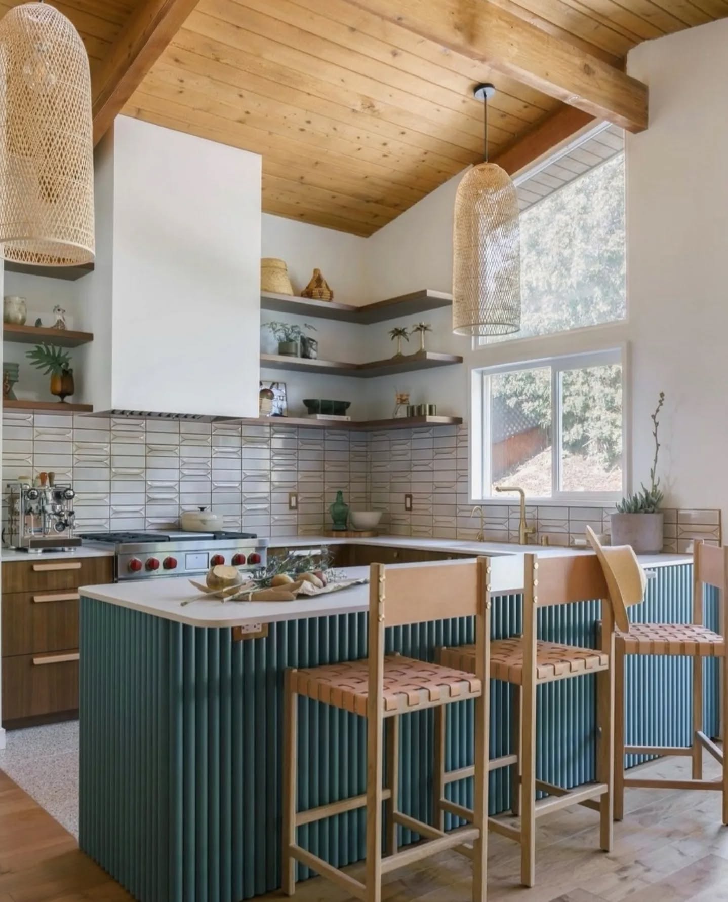 9. Mid Century Modern Kitchen with Retro Yellow Fridge and Checkerboard Floor