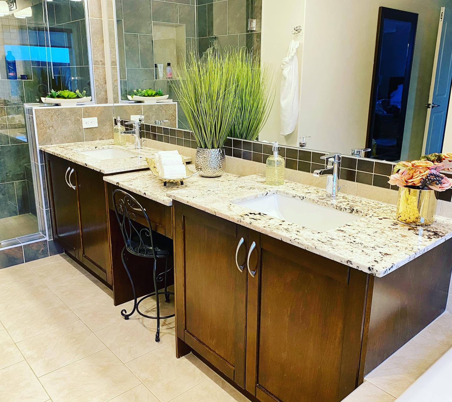 21. Moonlit Marble and Moss: a Bathroom Countertop Symphony