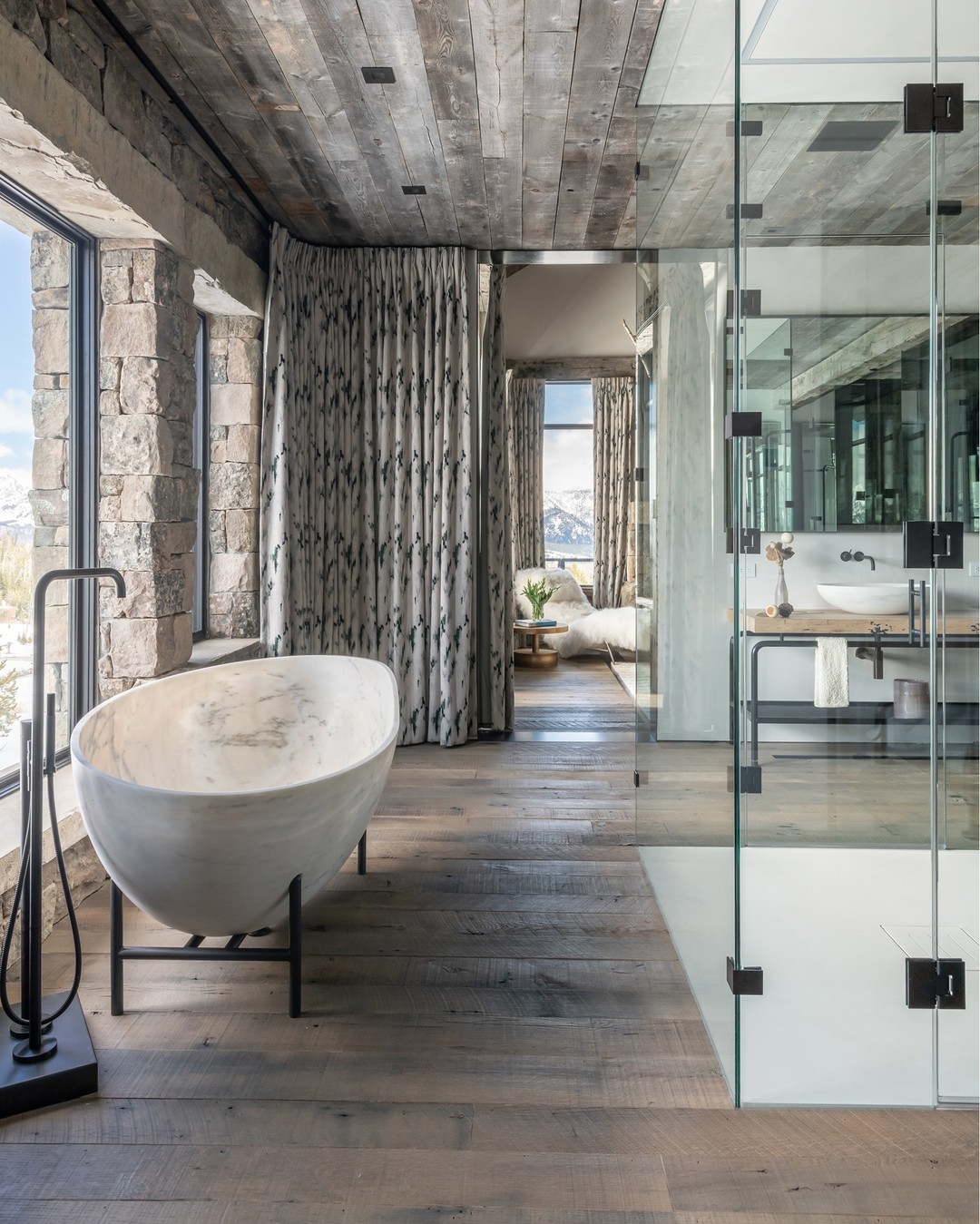 24. Crystalline Cascade: a Tub and Shower with Glass Partition and Hexagonal Mosaic Floor