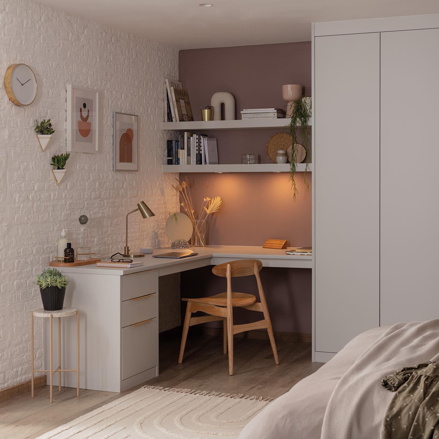 2. Moonlit Workspace: a Bedside Nook with a Floating Shelf and Starry Night Lamp
