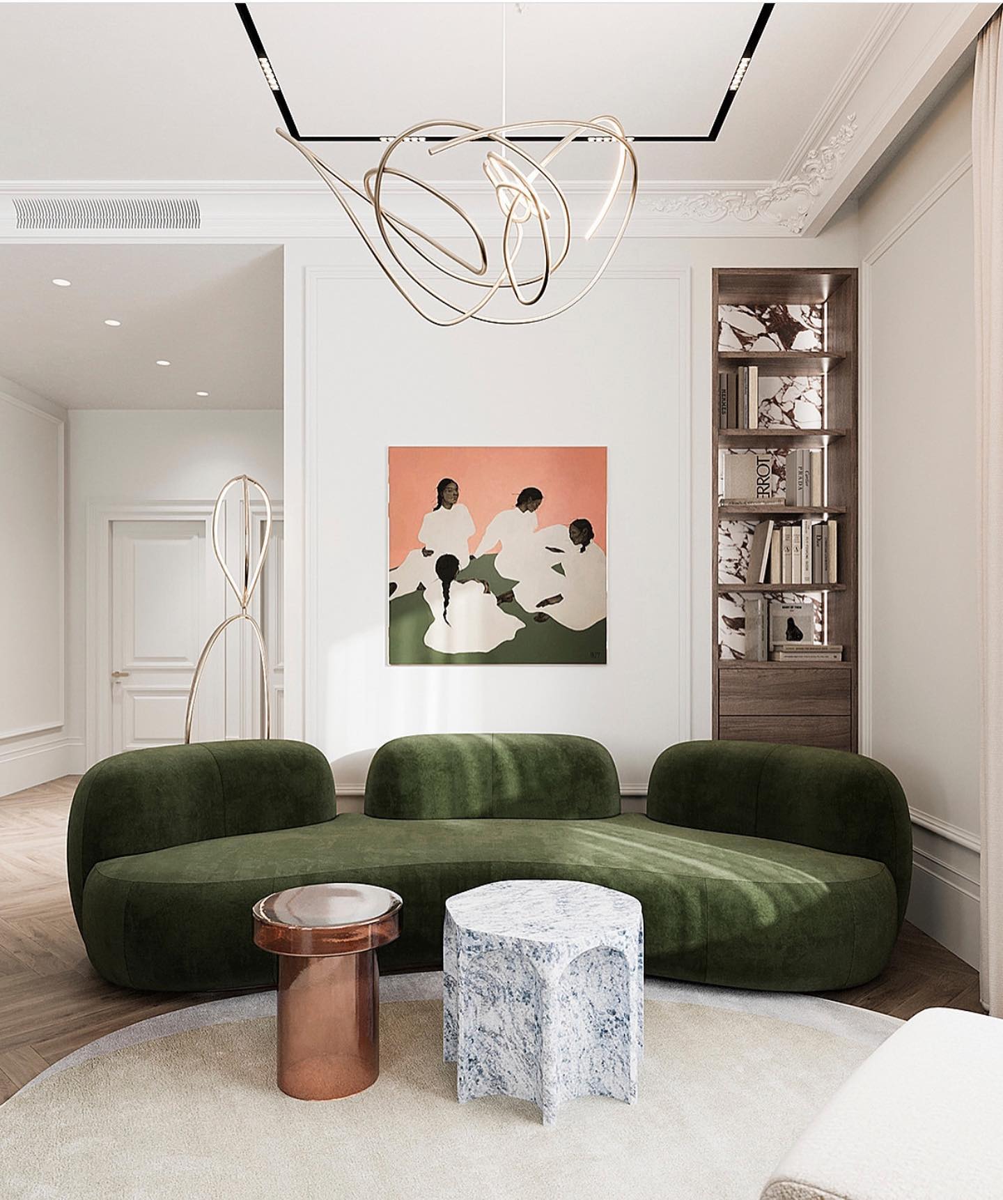 21. High Ceiling Haven with Suspended Spiral Staircase and Vintage Gold Accents