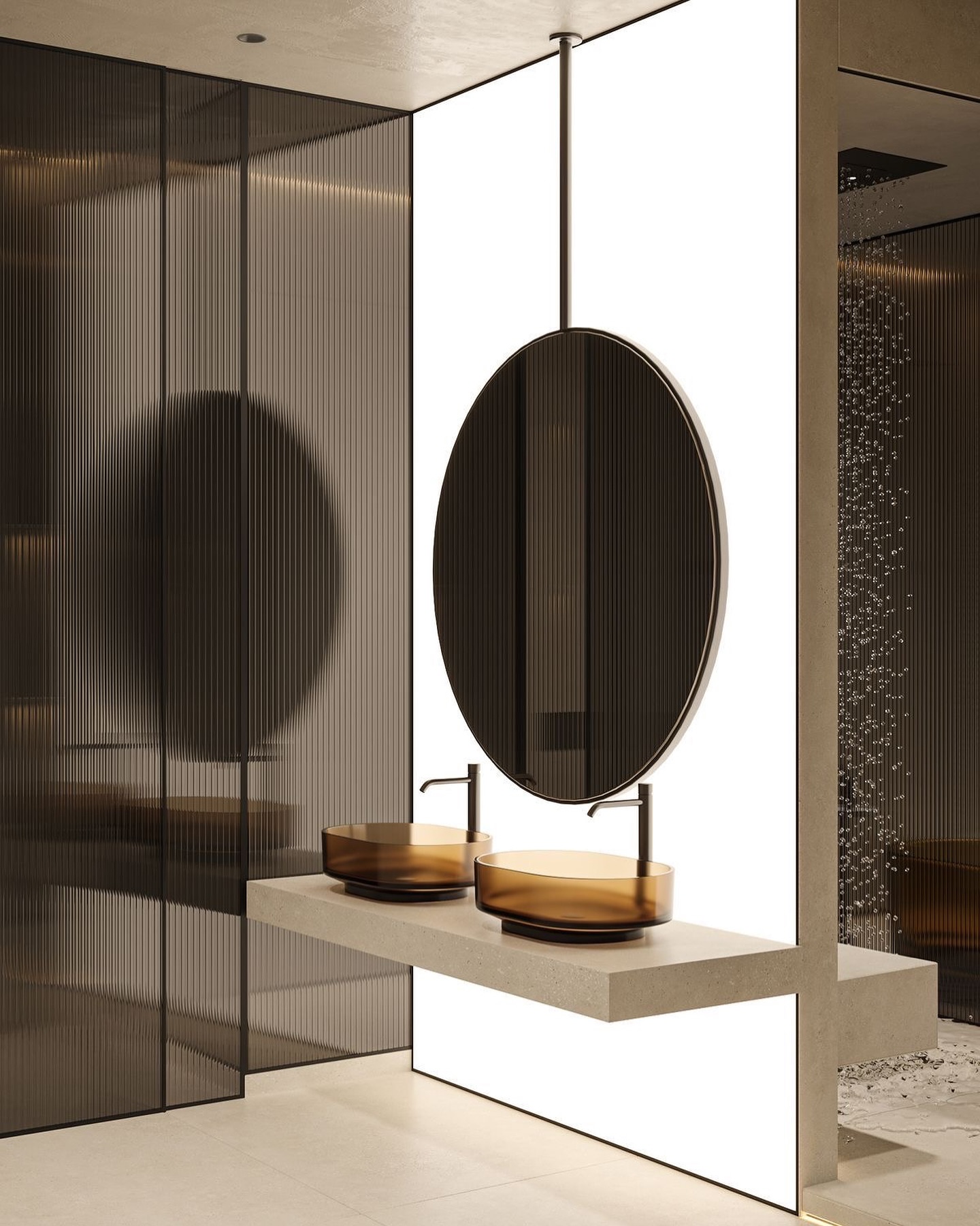 7. Twilight Glow Double Vanity with Geometric Tiles and Amber Pendant Lighting