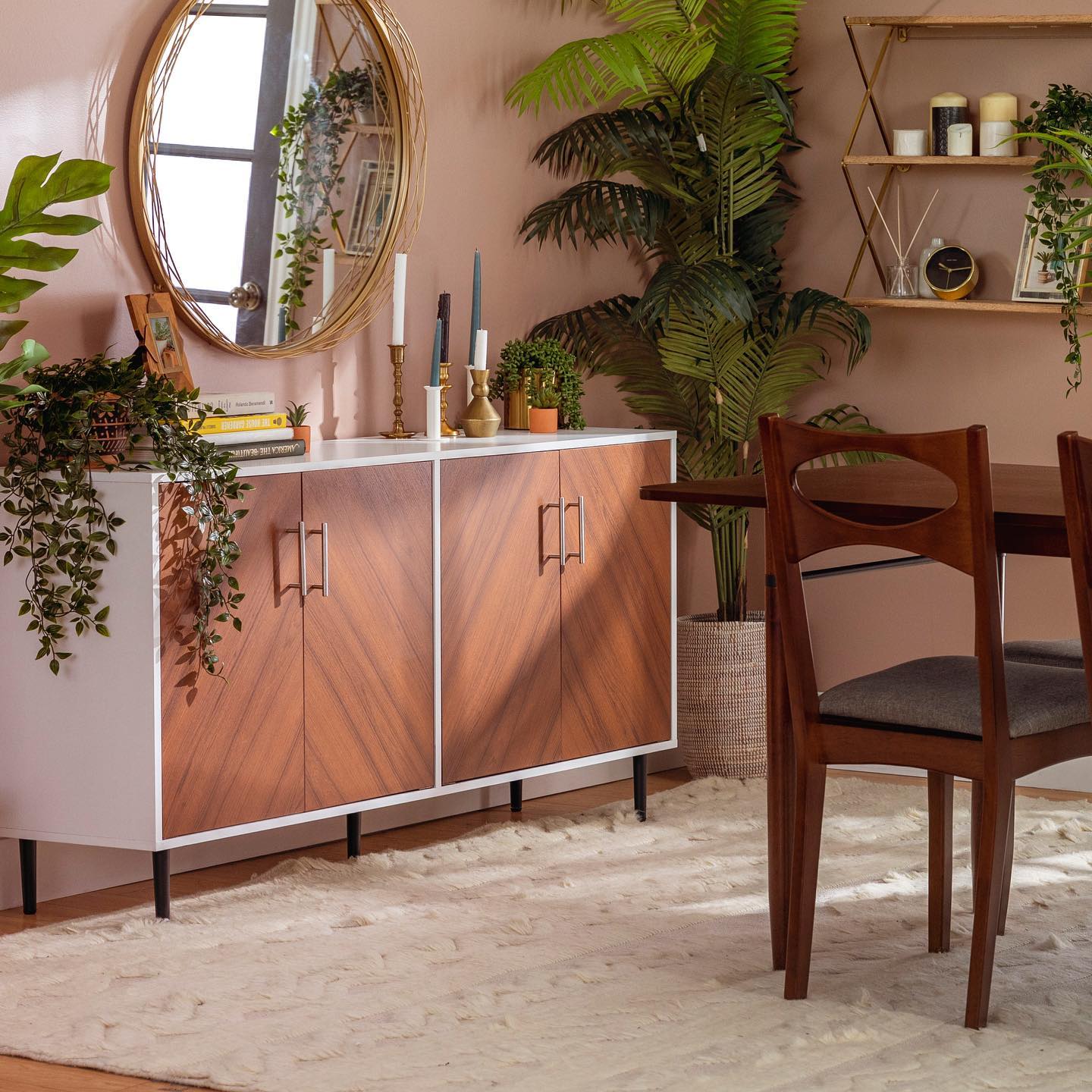 17. Bohemian Tapestry Drapes Over Vintage Sideboard with Moroccan Lanterns