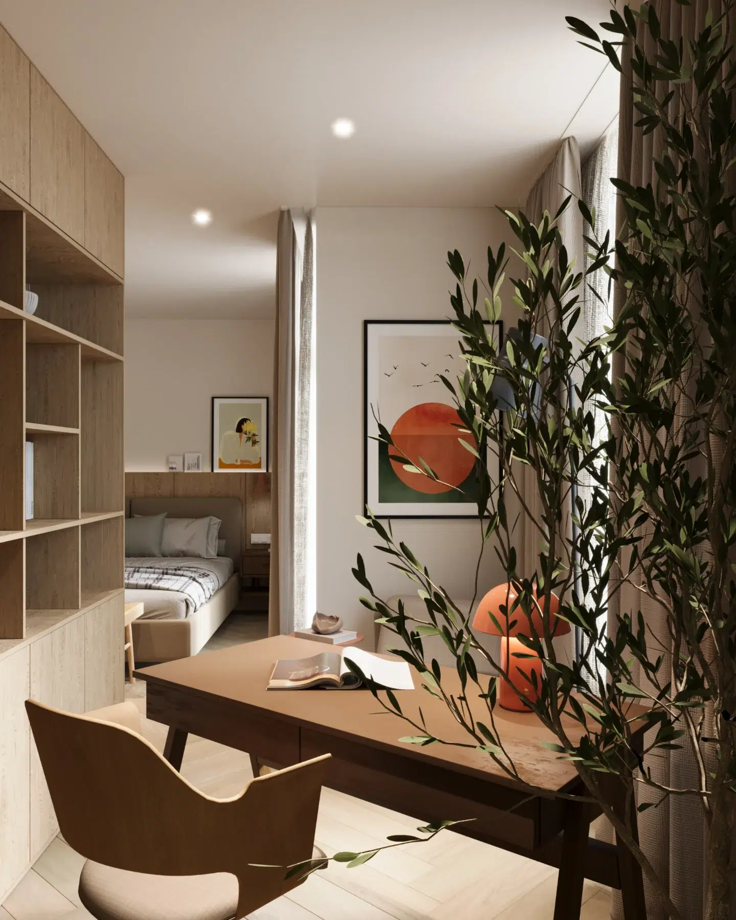 8. Moonlit Serenity: a Workspace with a Canopy Bed and Vintage Trunk Nightstand