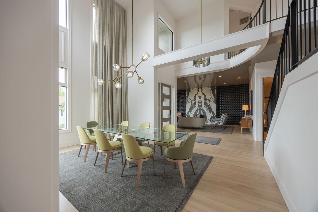 18. the Geometric Elegance Of a Copper-clad Dining Table with Mint Green Chairs