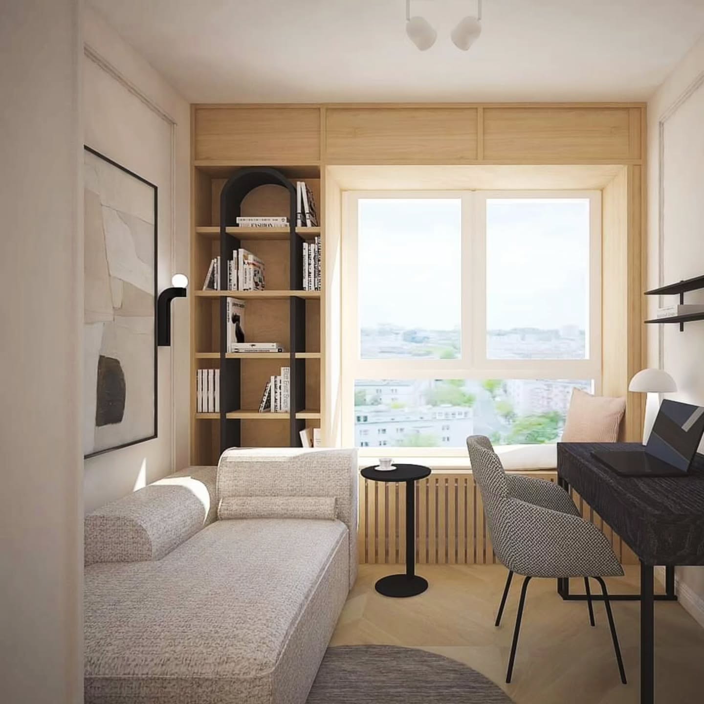 8. a Sunlit Corner with a Weathered Wood Desk and Geometric Shelves