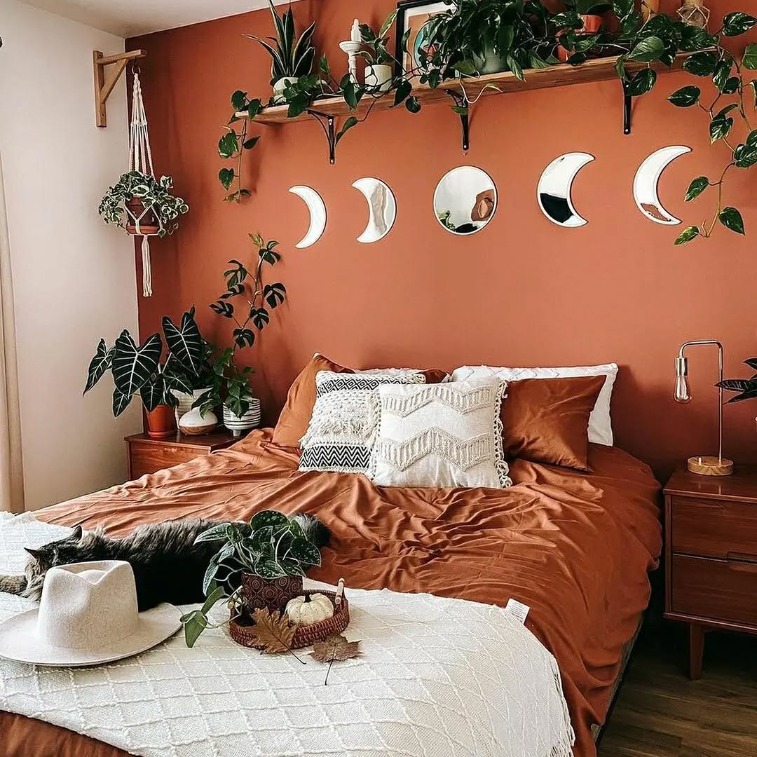 26. Moonlit Dreamcatcher Haven: a Bohemian Bedroom with Hanging Rattan Chair and Macrame Wall Art