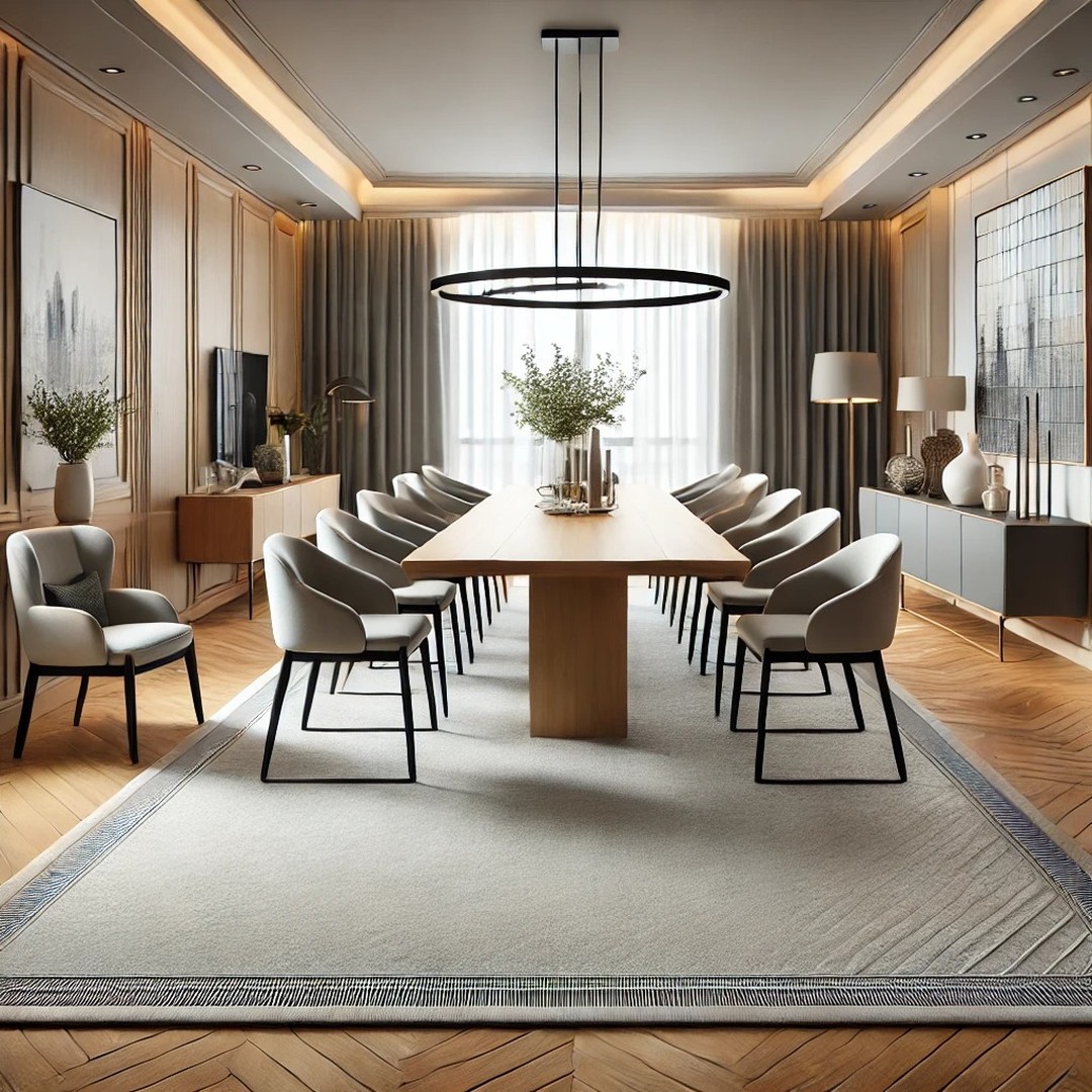 13. Suspended Glass Table Over Geometric Oak Parquet
