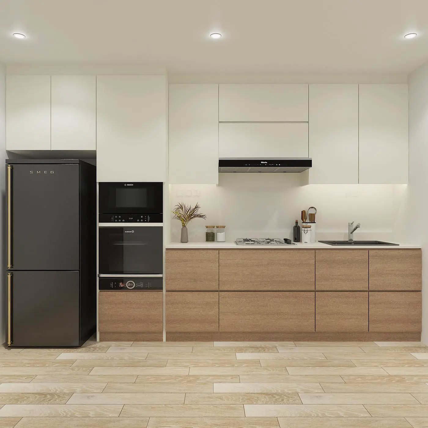 8. Moonlit Eucalyptus Branches and Copper Accents Above Kitchen Cabinets