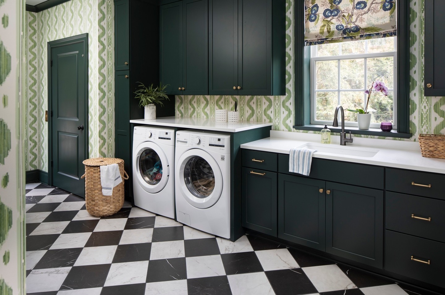 20. the Pecan Wood Cabinet with Vintage Brass Handles and Geometric Tiles