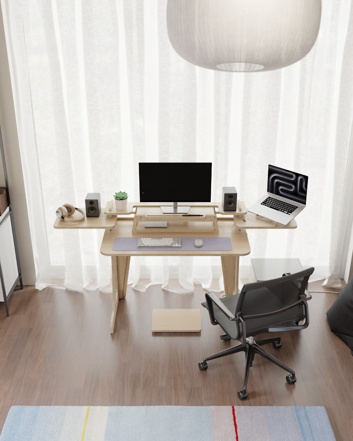 15. Neon Accents and Geometric Shelving: a Modern Workspace Fusion