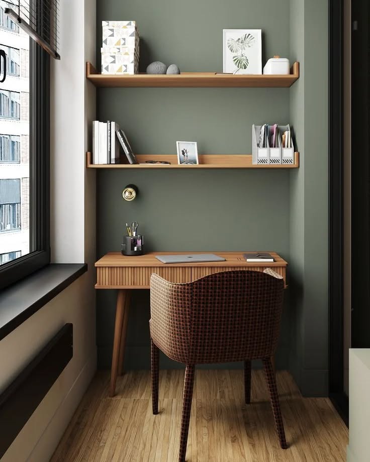 6. a Sunlit Nook with a Geometric Bookcase and Dual Monitors