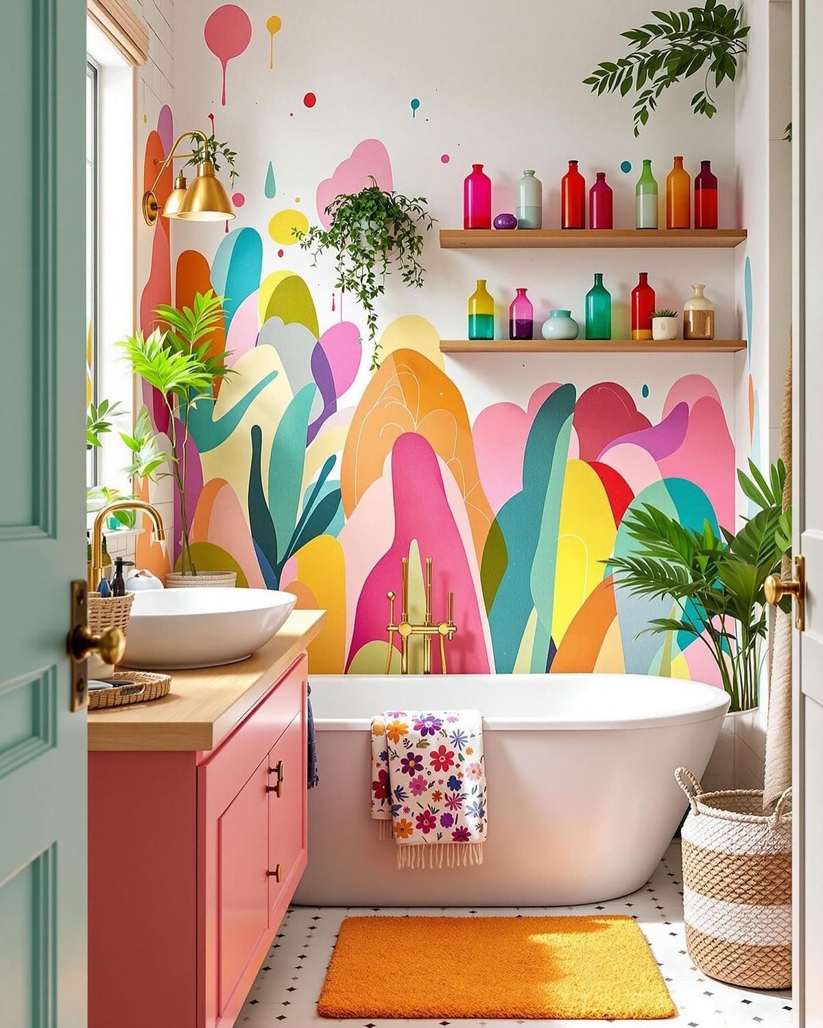 8. Vibrant Turquoise Mosaic Tiles with a Floating Wooden Vanity