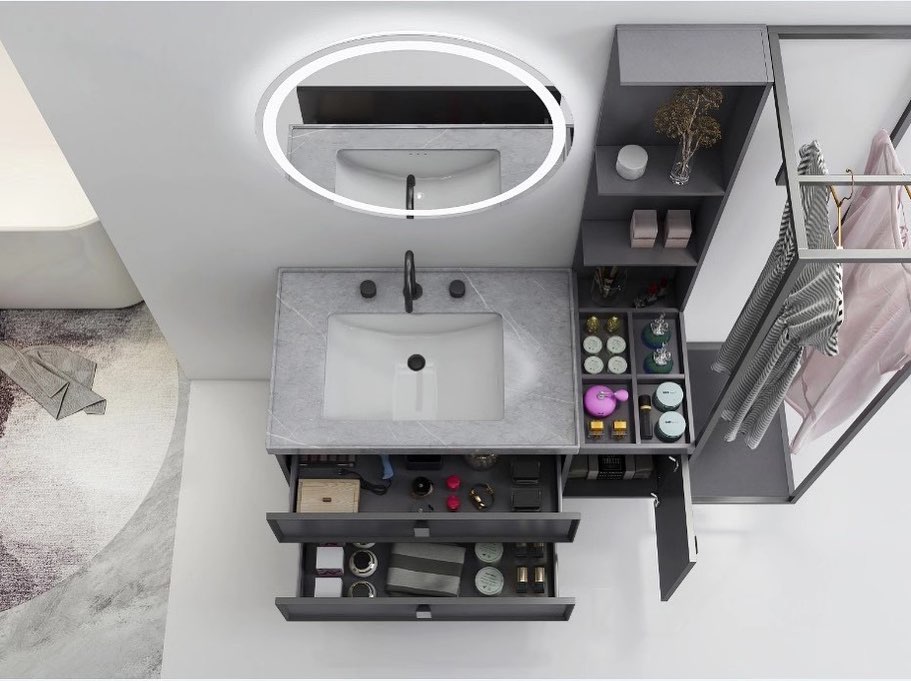 6. Moonlit Marble and Brass: a Bathroom Cabinet with Celestial Elegance