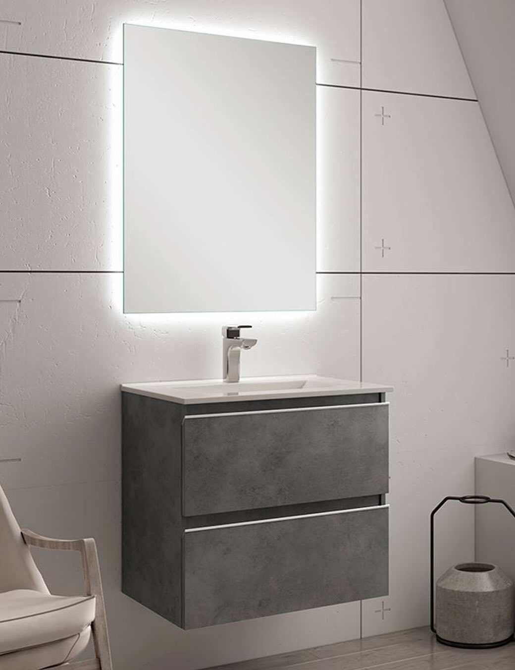 5. Neon Glow Underlit Vanity with Geometric Mirror Accents