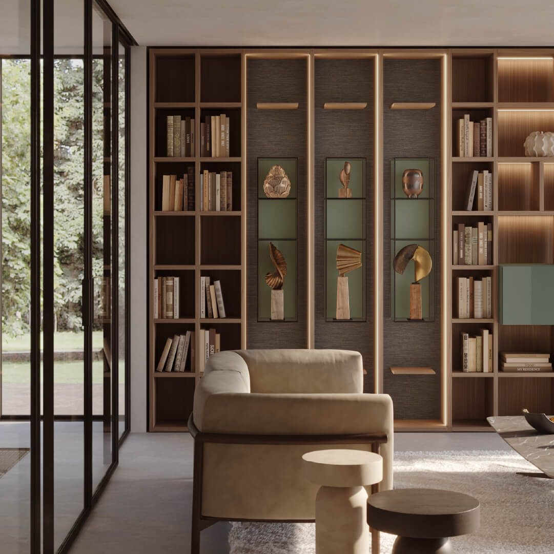 2. Tangerine Accent Book Spines Amidst Monochrome Shelves